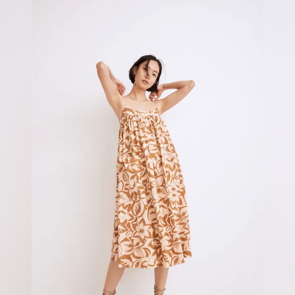 Linen-Blend Cami Midi Dress in Tropicale Floral Size Small Tawny Sand